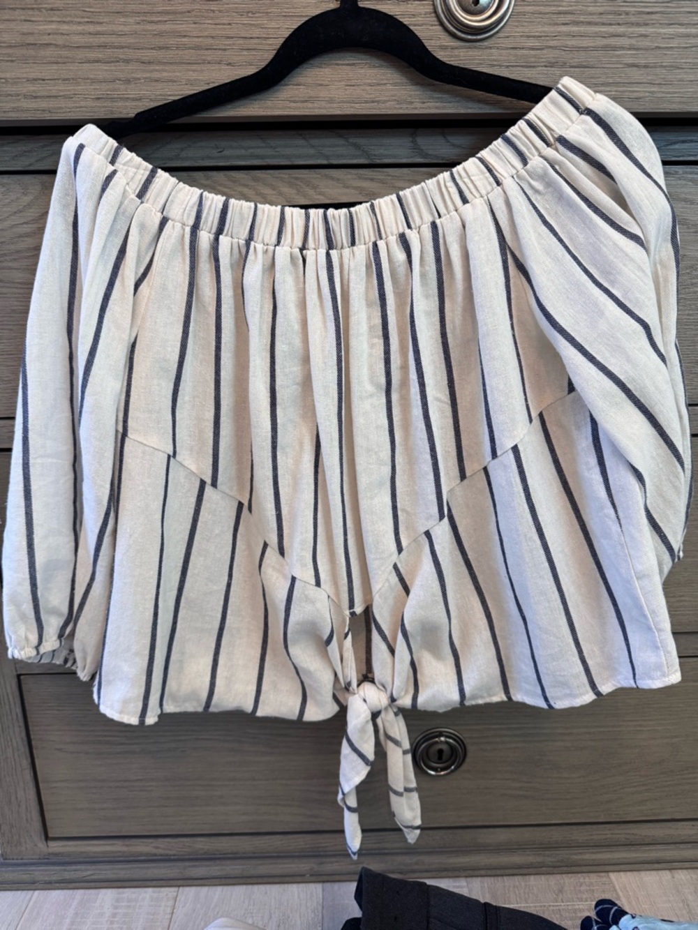 Striped Off-Shoulder Tie Front Top - White with Navy Stripes top by “She & Sky”